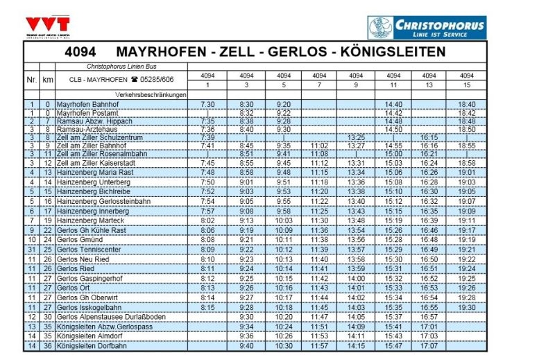 Busabfahrtszeiten von Zell a. d. Ziller nach Isserkogelbahn, 2015