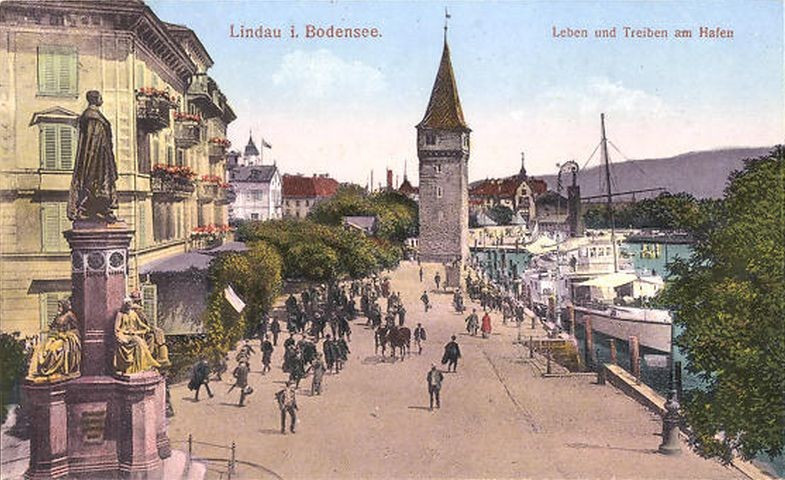 Lindau>alte Ansichtskarte mit Denkmal und Mangturm