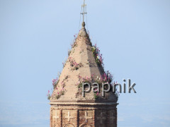 Blumenbewachsener Kirchturm