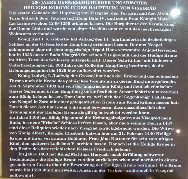 Visegrád, Burg, Text zu den Krönungsinsignien