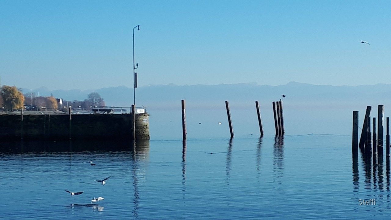 Meersburg Hafen mit Blick Schweizer Berge