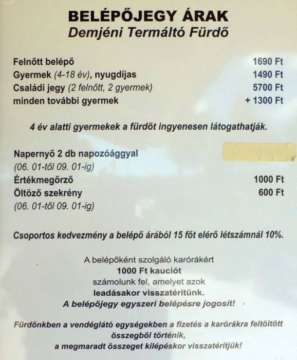 Thermalsee Demjén, Preise